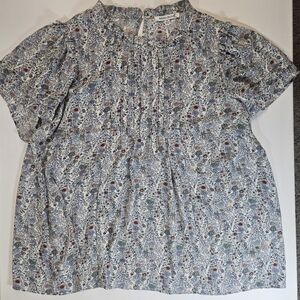 Rose & Olive Top Womens Size 2X Blue Green Floral Peasant Top Pin Tuck Botanical